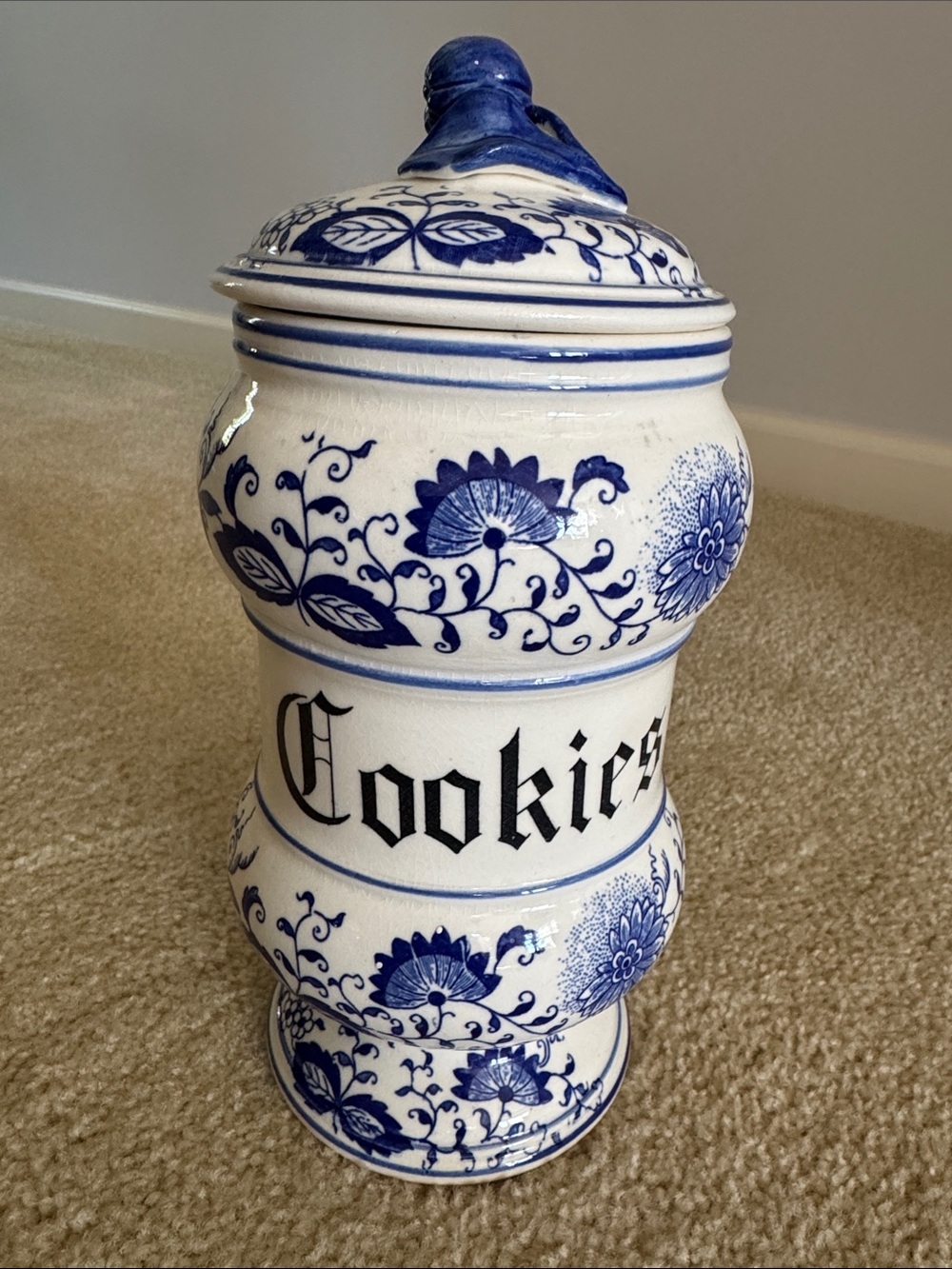 Vintage Blue Onion Floral Cookie Jar